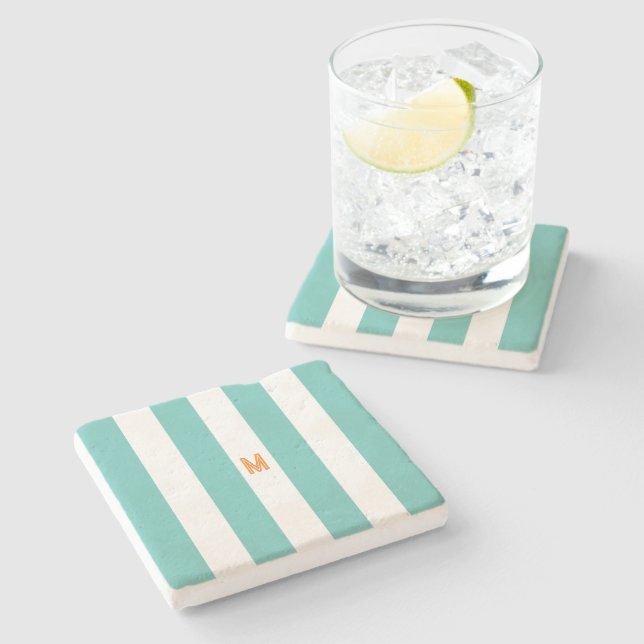 Teal Cabana Rand & Personlig Orange Monogram Stenunderlägg (Sidan)