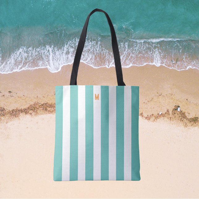 Teal Cabana Rand & Personlig Orange Monogram Tygkasse (Skapare uppladdad)