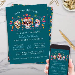 Teal Caladera Day of the dead Sugar Skull Birthday Inbjudningar