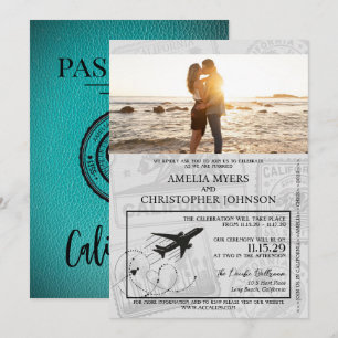 Teal California Passport Bröllop Inbjudningar
