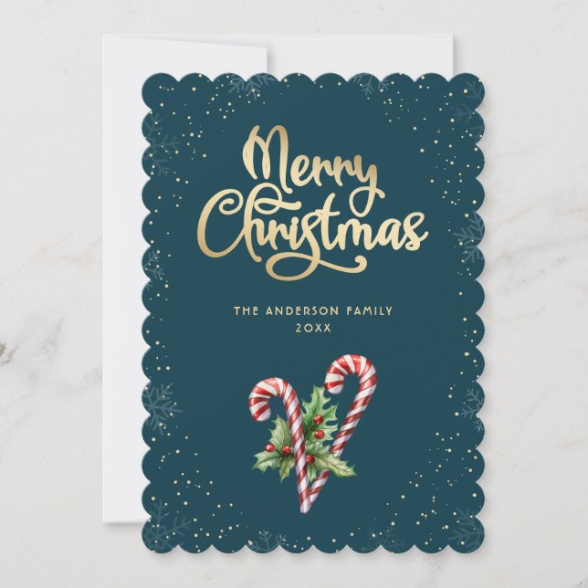 Teal Candy Cane Holly Berries Christmas Julkort (Framsida)