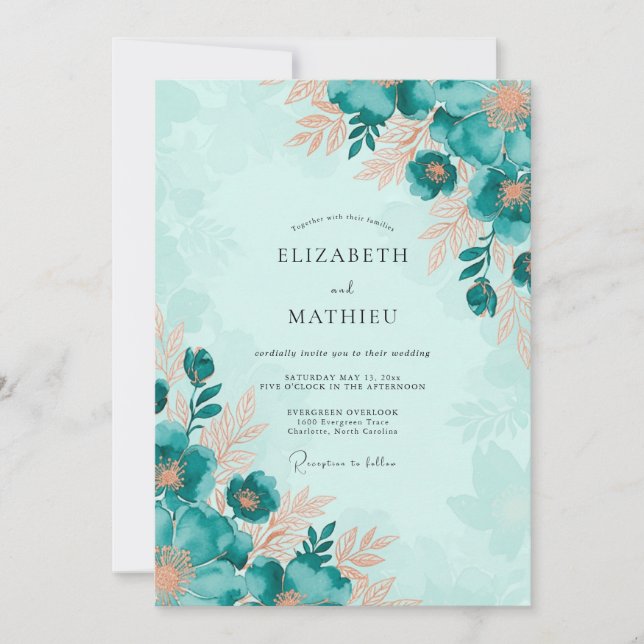 Teal Captivating Botanical Wedding Inbjudningar (Framsida)