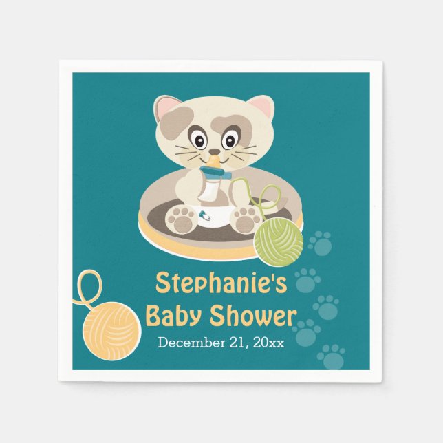 Teal Cat in Diaper Baby Shower Pappersservett (Framsidan)