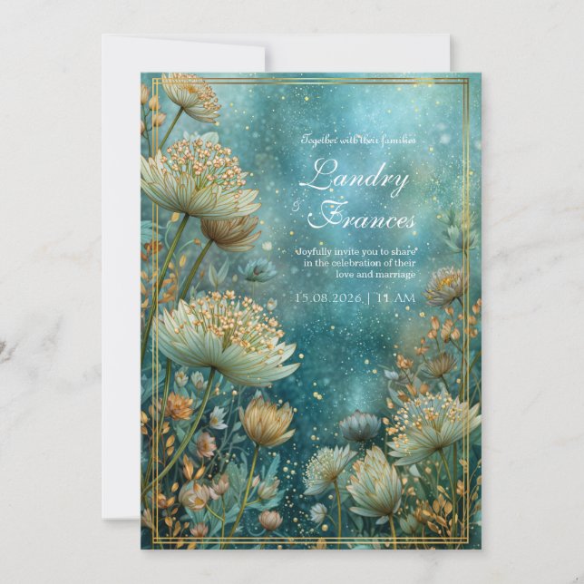 Teal Celestial Gilded Astrantia Wedding Inbjudningar (Framsida)