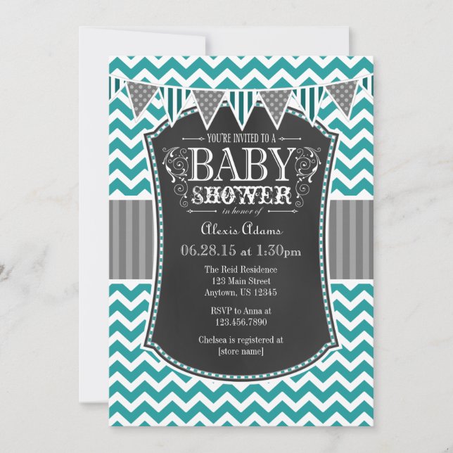 Teal Chalkboard Chevron Baby Shower Inbjudan (Framsida)