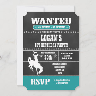 Teal Chalkboard Cowboy Birthday-inbjudan Inbjudningar