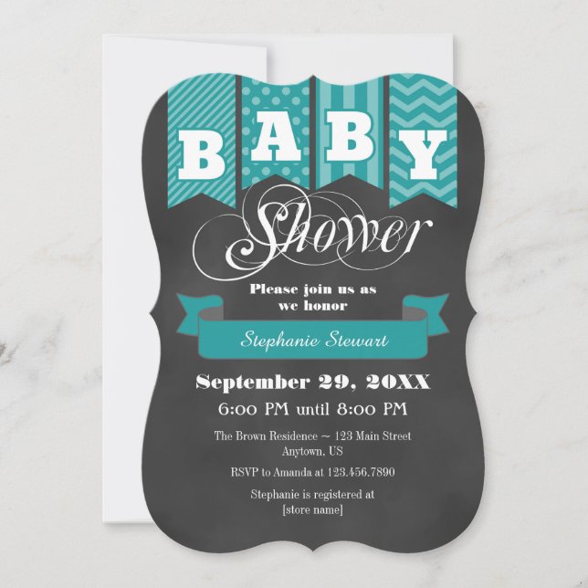 Teal Chalkboard Flagga Baby Shower Inbjudan (Framsida)