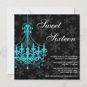 Teal Chandelier Black Snöflingor Sweet 16 födelsed Inbjudningar