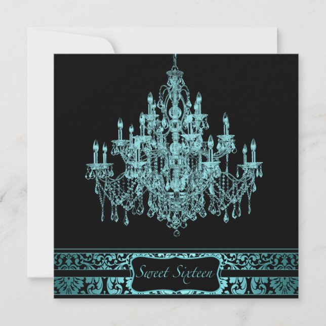 Teal Chandelier Black Sweet sixteen-inbjudan Inbjudningar (Framsida)