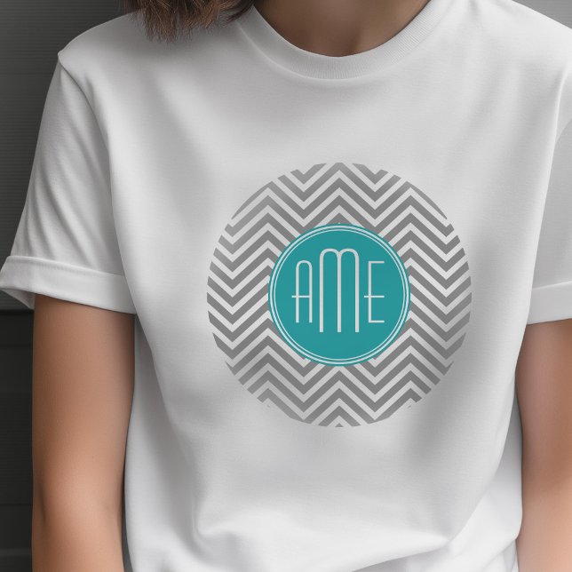 Teal Charcoal Chevrons Anpassad Monogram Tee Shirt (Custom Photo T-shirt)
