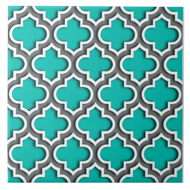 Teal Charcol Grått White Moroccan Quatrefoil #5DS Kakelplatta (Framsidan)