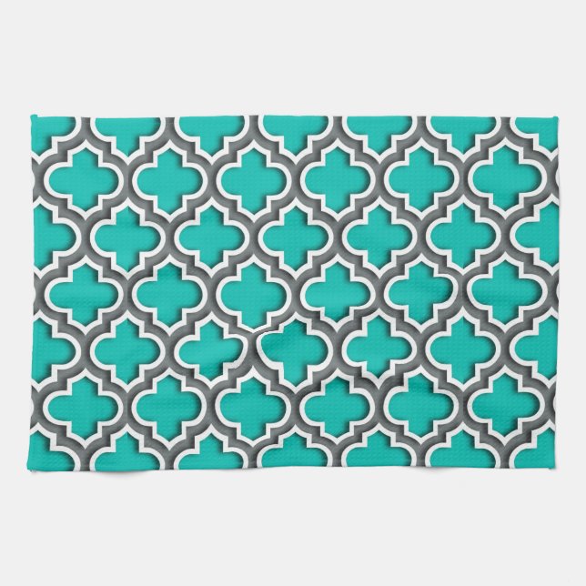 Teal Charcol Grått White Moroccan Quatrefoil #5DS Kökshandduk (Horisontell)