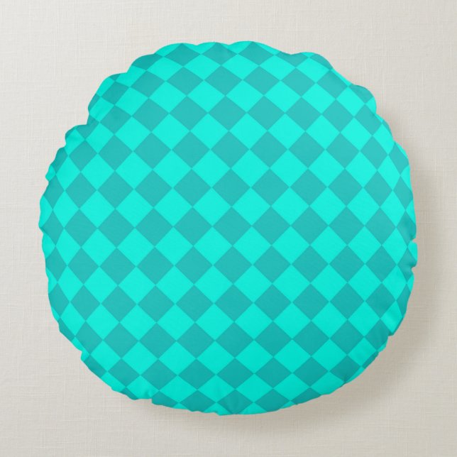 Teal Checker Diamond Mönster Rund Kudde (Framsidan)