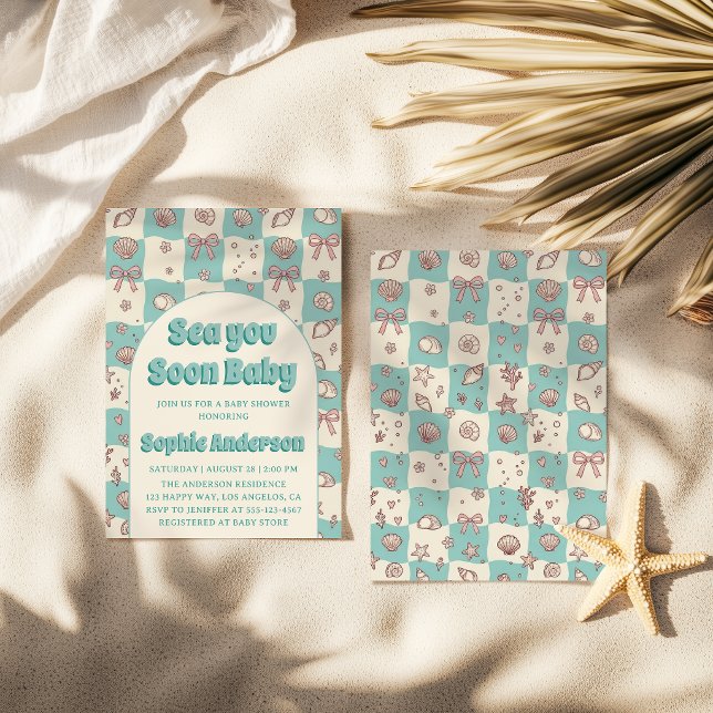 Teal Checkerboard Seashell Bow Baby Shower Inbjudningar (Skapare uppladdad)