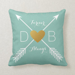 Teal Chevron Guld Heart White Pards Initialer Kudde
