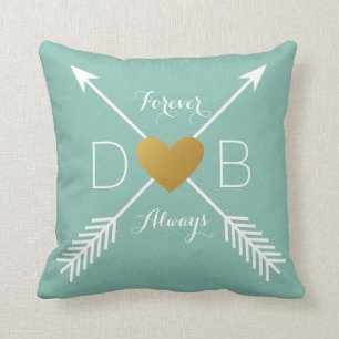 Teal Chevron Guld Heart White Pards Initialer Kudde