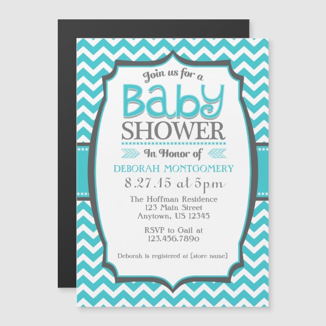 Teal Chevron Magnetic Baby Shower Inbjudan Magnetisk Inbjudningskort (Fram/baksida)