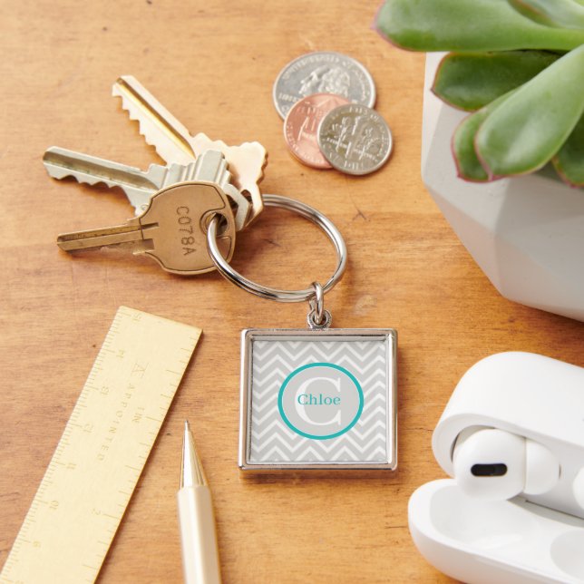 Teal Chevron Monogram Keychain Fyrkantig Silverfärgad Nyckelring (Skrivbord)