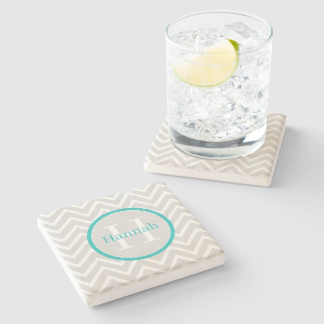 Teal Chevron Monogram Stone Underlägg (Sidan)