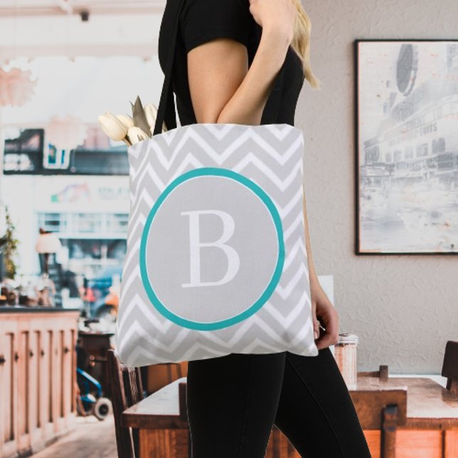 Teal Chevron Monogram Tote Bag Tygkasse (Teal Chevron Monogram Tote Bag)