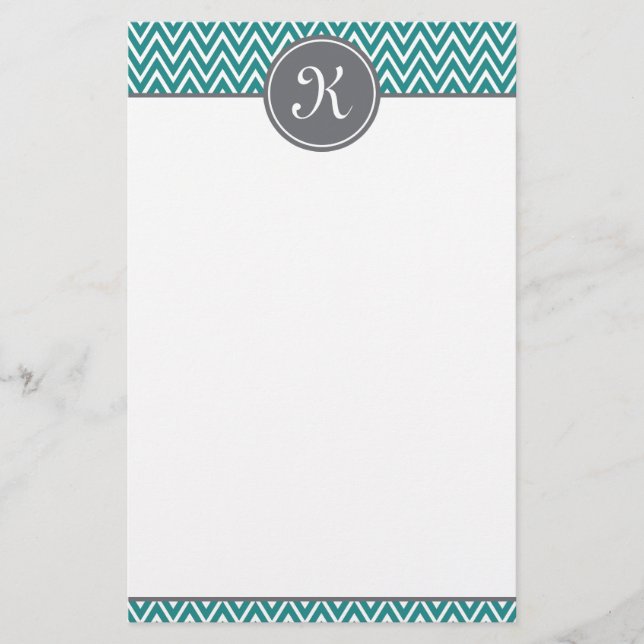 Teal Chevron Mönster Grått Monogram Brevpapper (Framsida)