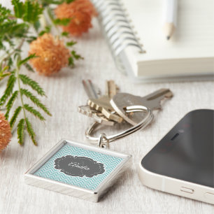 Teal Chevron Personlig Keychain Fyrkantig Silverfärgad Nyckelring