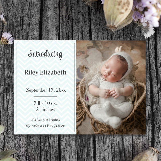 Teal Chevron Photo Birth Notice Meddelande (Teal Chevron Photo Birth Announcement)