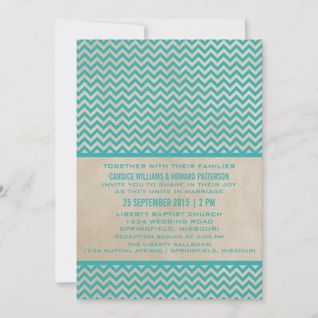 Teal Chic Chevron bröllopsinbjudan Inbjudningar (Framsida)