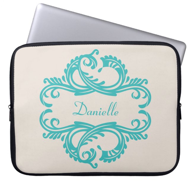 Teal Chic Damask Laptop sleeve (Framsidan)