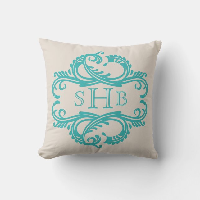 Teal Chic Damask Monogram Pillow Kudde (Framsida)