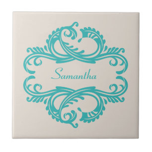 Teal Chic Damask Tile Kakelplatta