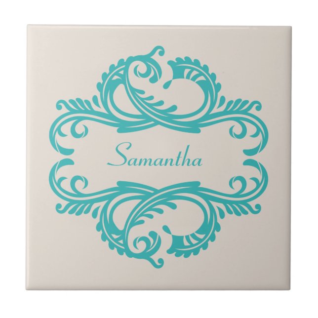 Teal Chic Damask Tile Kakelplatta (Framsidan)