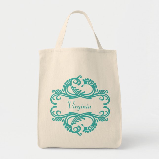 Teal Chic Damask Tote Bag Tygkasse (Framsidan)