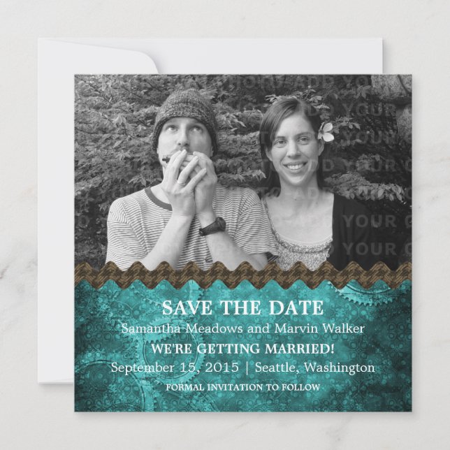 Teal Chic Steampunk Photo Save Date Inbjudan (Framsida)