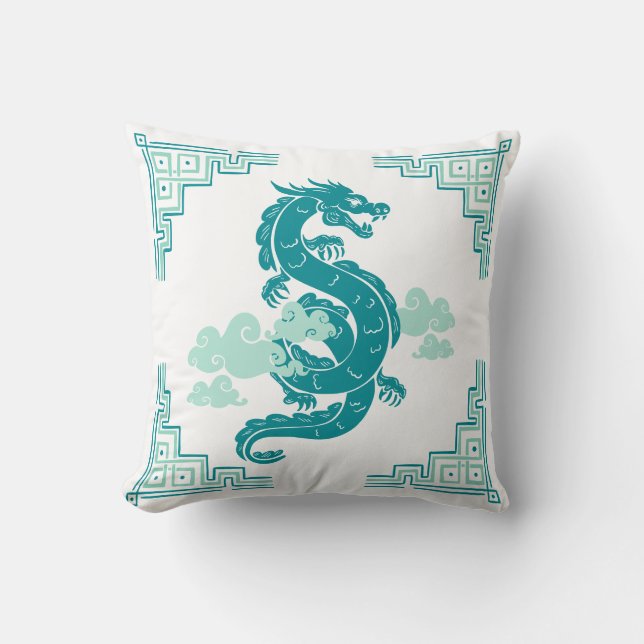 Teal Chinoiserie Dragon och Clouds Kudde (Framsida)