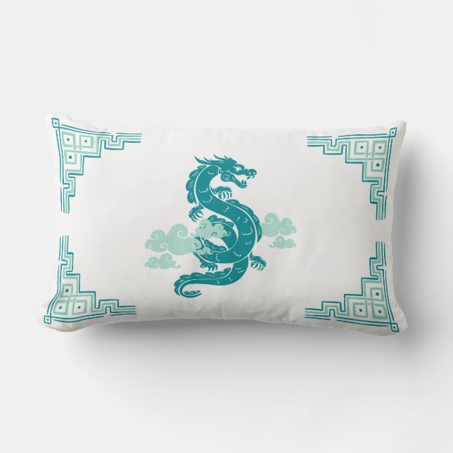 Teal Chinoiserie Dragon och Clouds Lumbarkudde (Framsida)