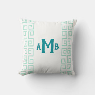 Teal Chinoiserie Wide Grekiska Nyckel Rand Monogra Kudde