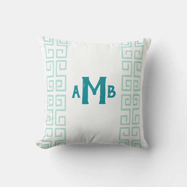 Teal Chinoiserie Wide Grekiska Nyckel Rand Monogra Kudde (Framsida)