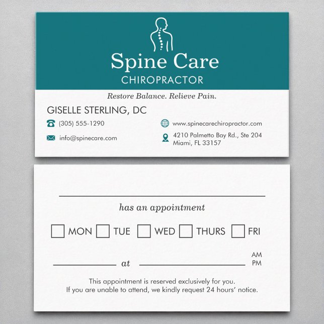 Teal Chiropractor Möte Reminder Office Visitkort (Skapare uppladdad)