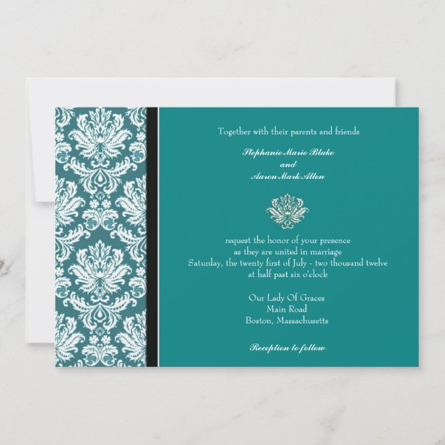 Teal Classic Damask Wedding bjudande Inbjudningar (Framsida)