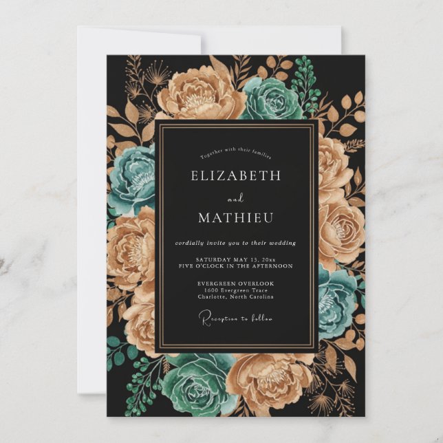 Teal Copper Artistic Floral Wedding Inbjudningar (Framsida)