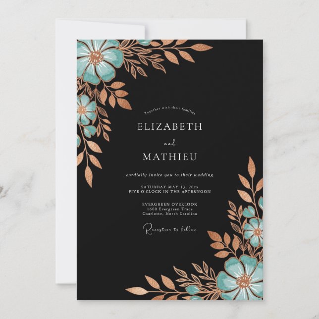 Teal Copper Bloom Romance Wedding Inbjudningar (Framsida)