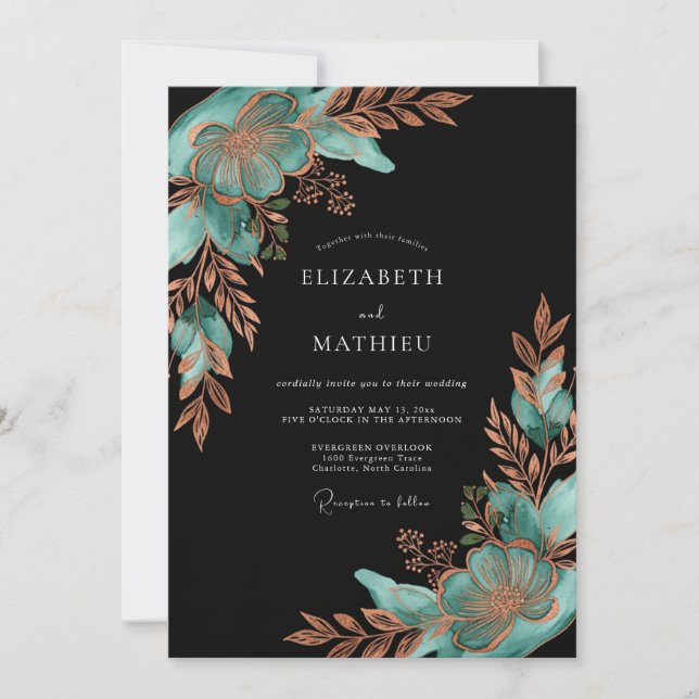 Teal Copper Botanical Bloom Wedding Inbjudningar (Framsida)