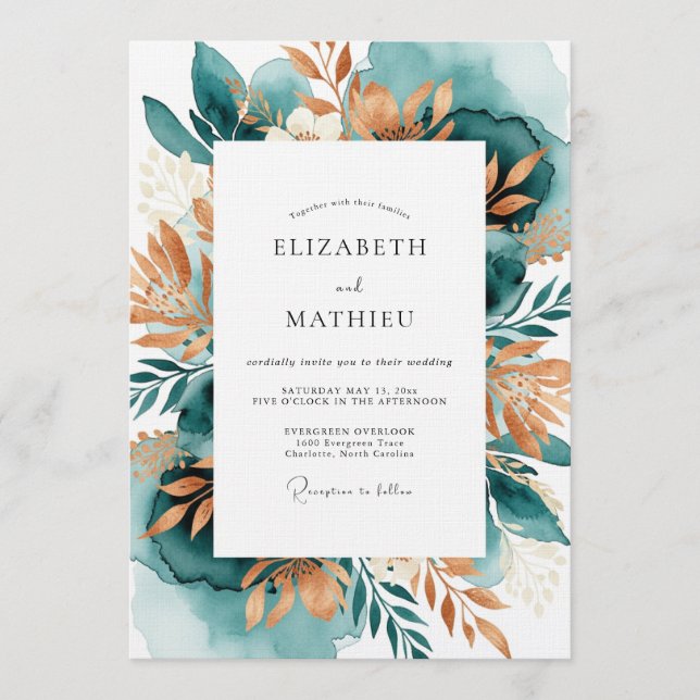 Teal Copper Botanical Romance Wedding Inbjudningar (Framsida)