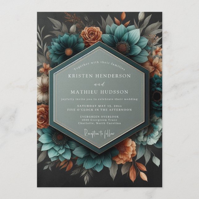 Teal Copper Dramatic Botanical Wedding Inbjudningar (Framsida)
