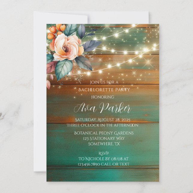 Teal Copper Wood Peony Light Bachelorette Party Inbjudningar (Framsida)