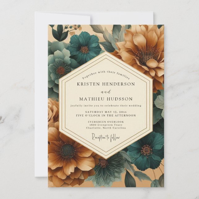 Teal Copperplate Flora Wedding Inbjudningar (Framsida)