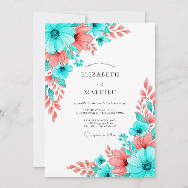 Teal Coral Artistic Bloom Wedding Inbjudningar (Framsida)