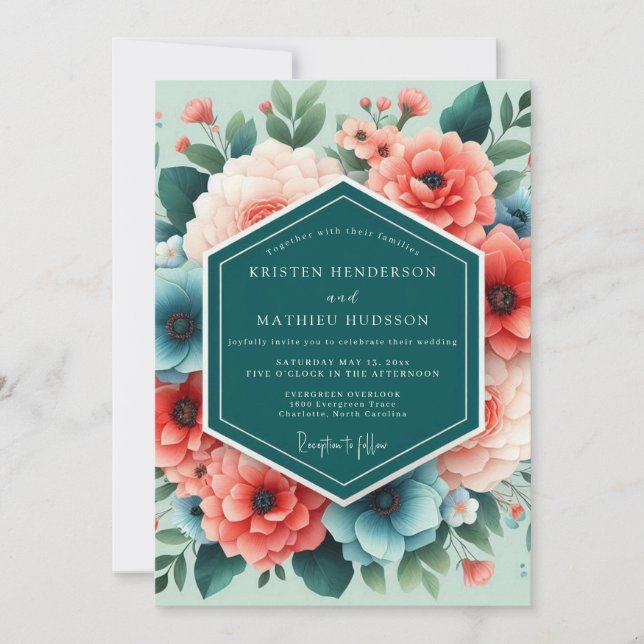 Teal & Coral Artistic Floral Wedding Inbjudningar (Framsida)