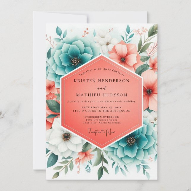 Teal Coral Bloom Romance Wedding Inbjudningar (Framsida)